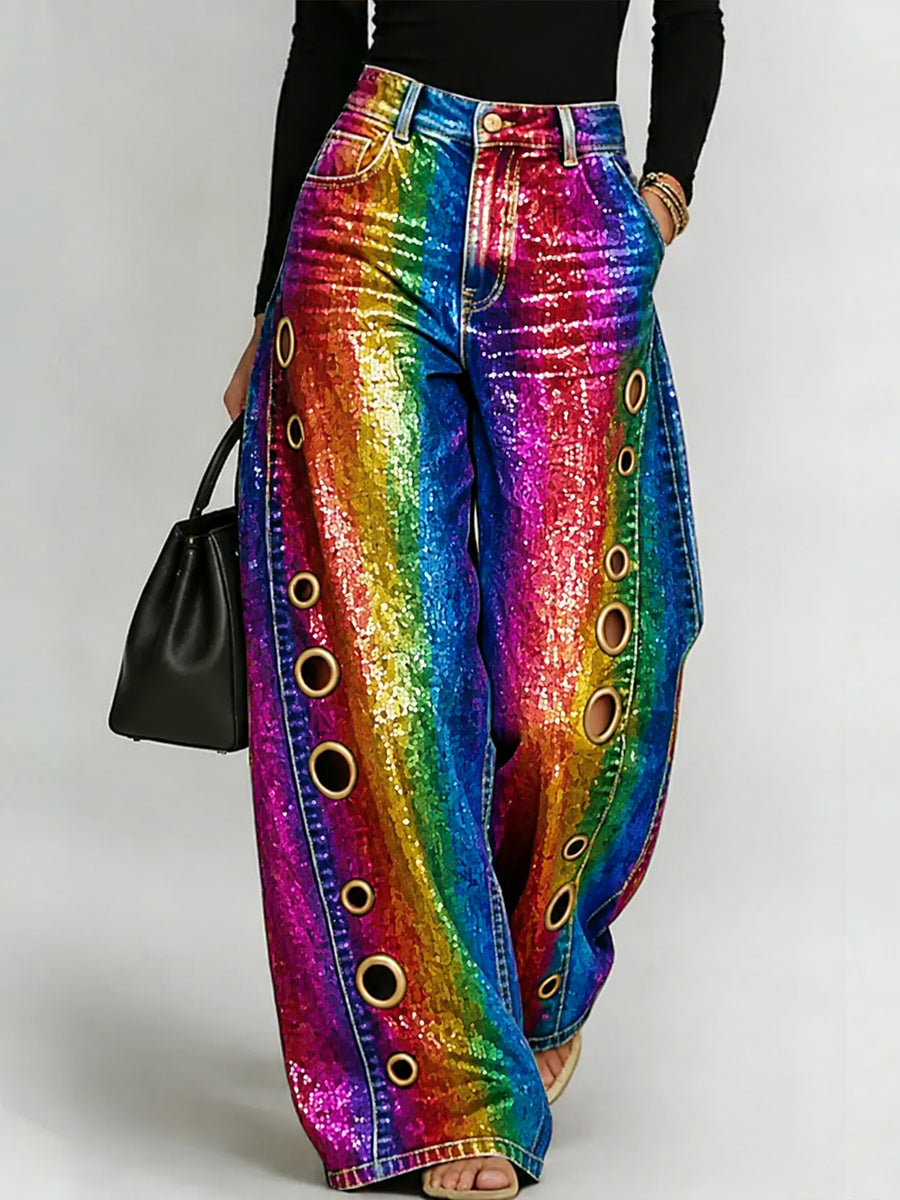 Women's Retro Style Art Print Casual Hollow Wide Leg Pants